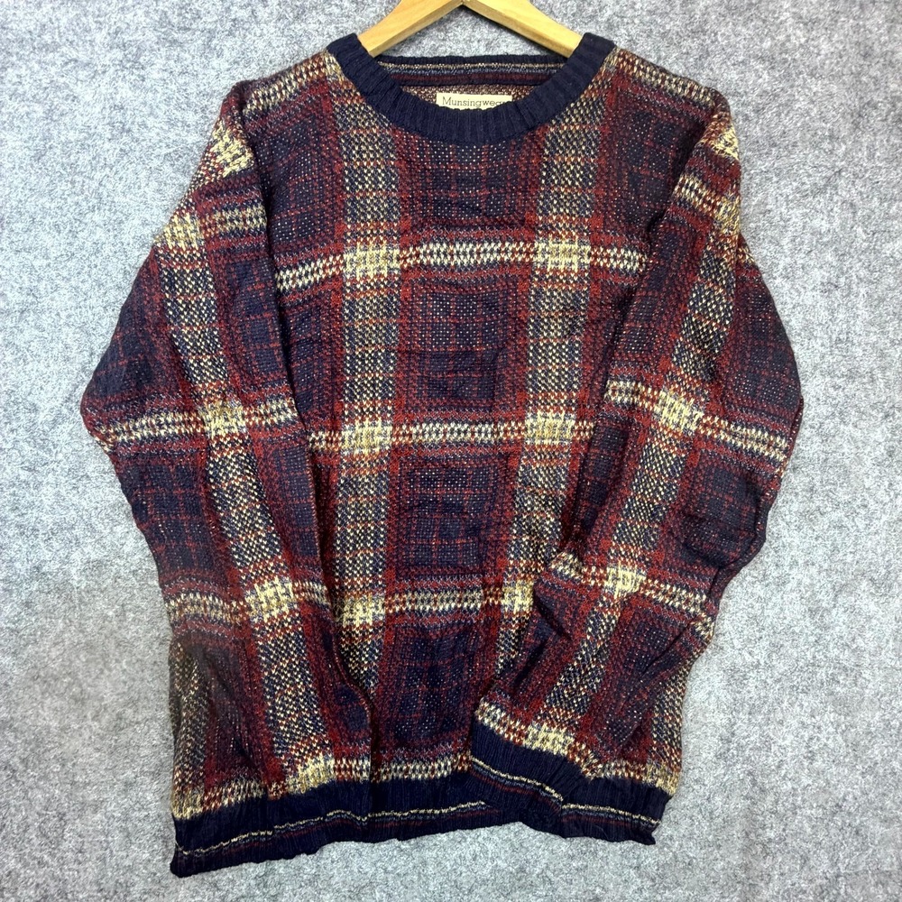 Vintage Munsingwear Sweater Men Large Red Plaid Moody 90s Grunge Heritage Autumn